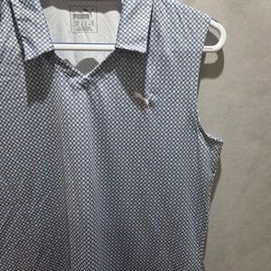 Puma Womens Sleeveless Golf Polo Shirt Navy White Geometric Palm Aire CC Medium